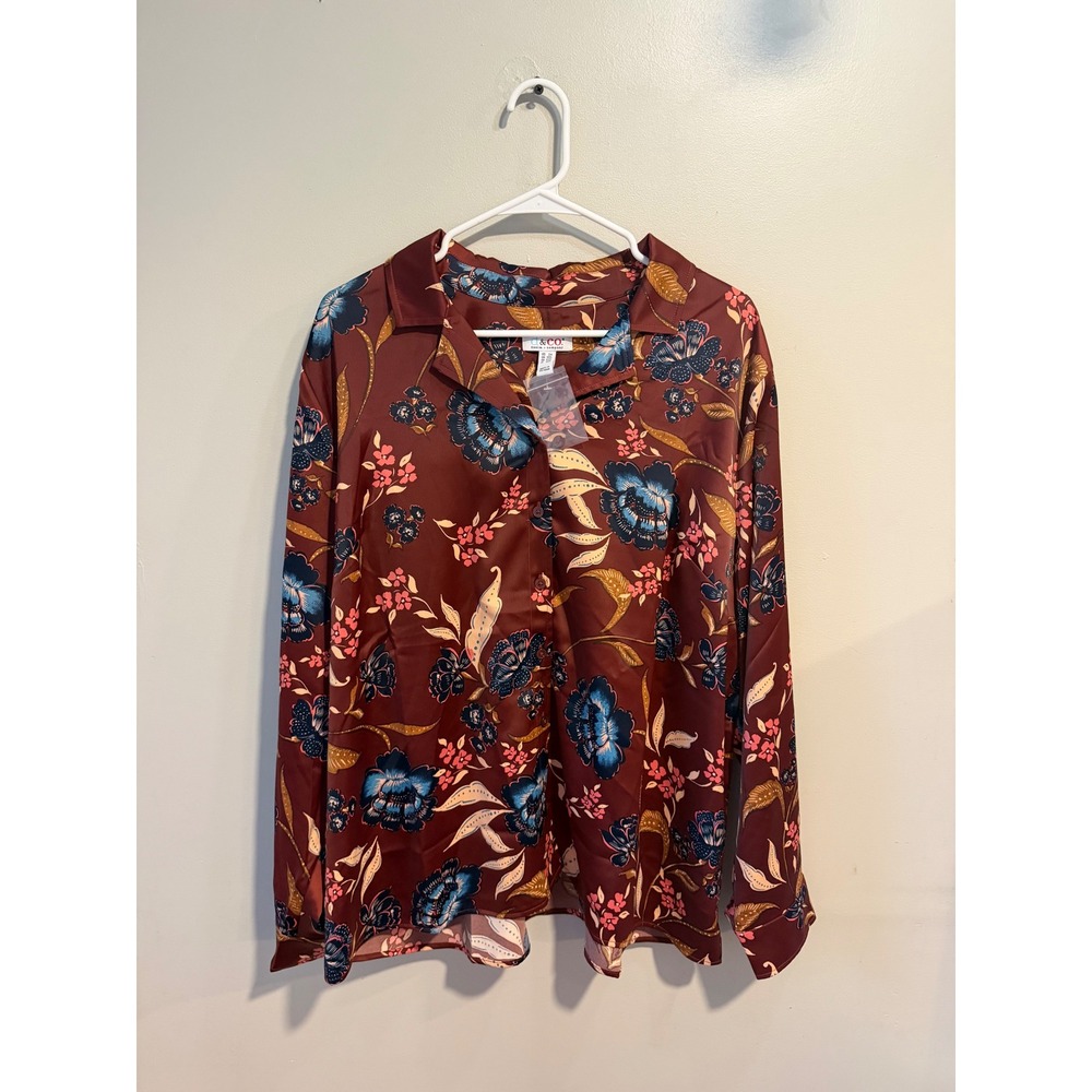 Denim & Co Burgundy Floral Satin Button Down Blouse Top Womens 2X‎ NEW